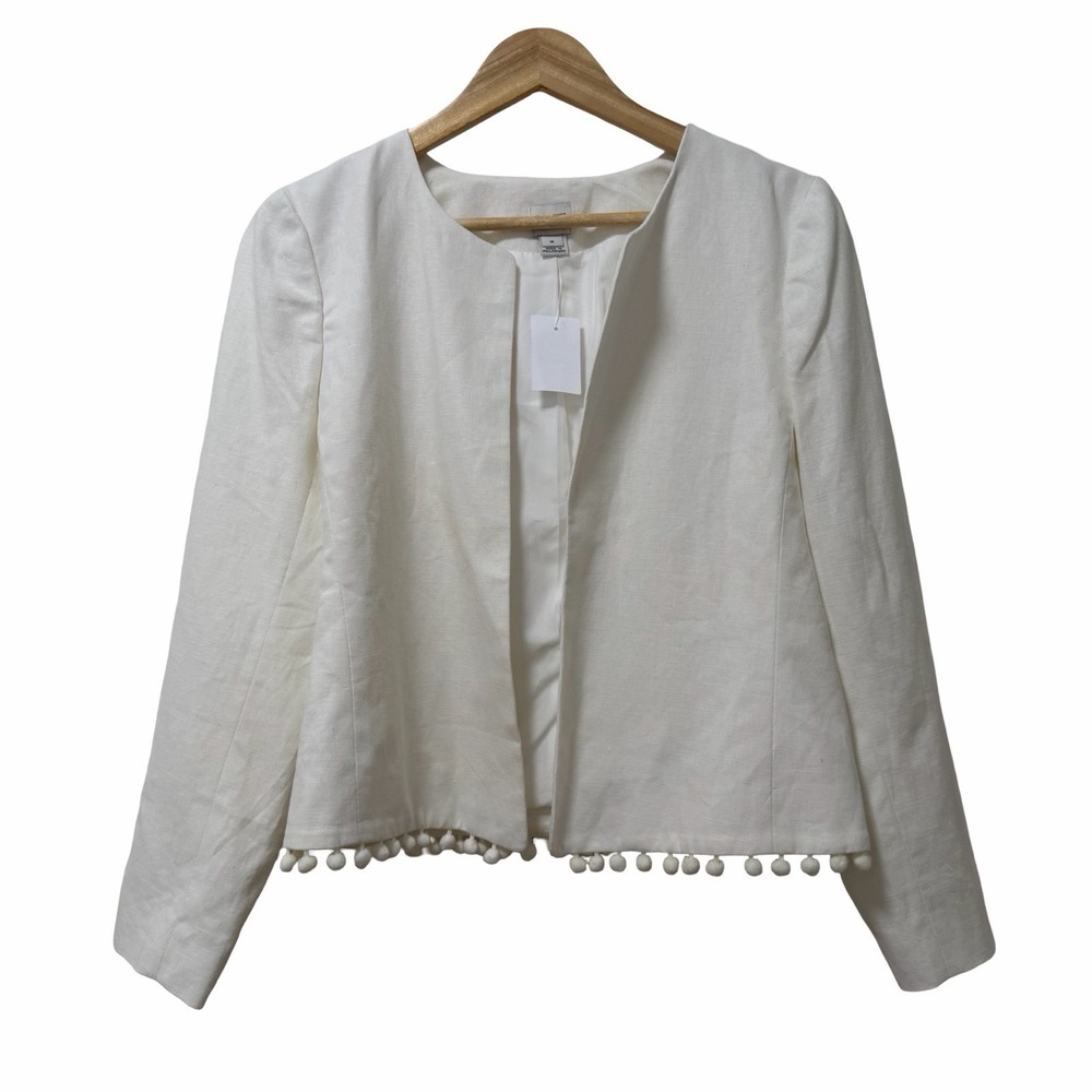 J Crew Womens Cropped Pom Pom Linen Blend Jacket Size M Modern Beachy Coastal
